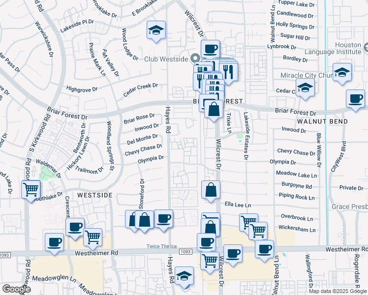map of restaurants, bars, coffee shops, grocery stores, and more near 1 Hayes Road in Houston