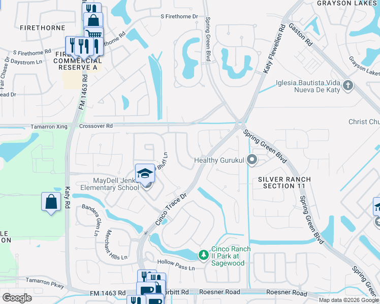 map of restaurants, bars, coffee shops, grocery stores, and more near 2723 Mayfield Ridge Lane in Katy