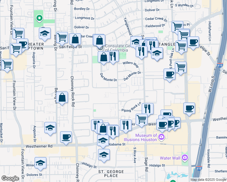 map of restaurants, bars, coffee shops, grocery stores, and more near 2400 Yorktown Street in Houston
