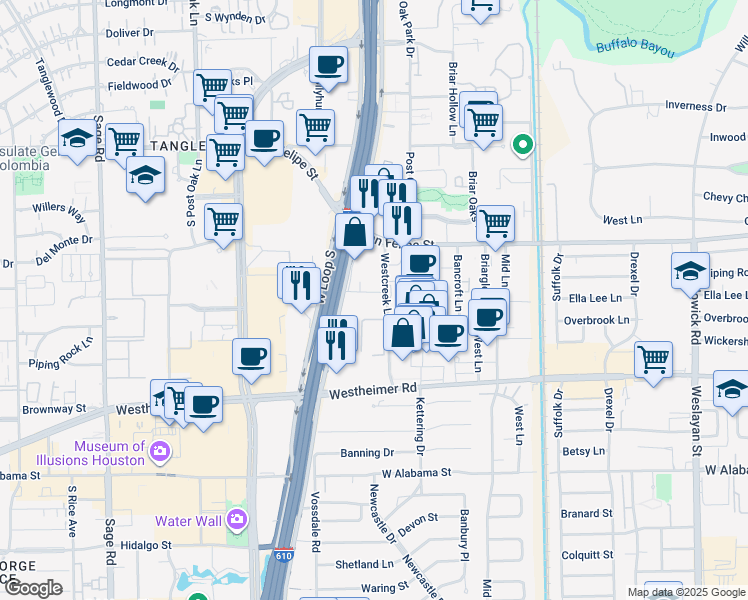 map of restaurants, bars, coffee shops, grocery stores, and more near 2040 Westcreek Lane in Houston