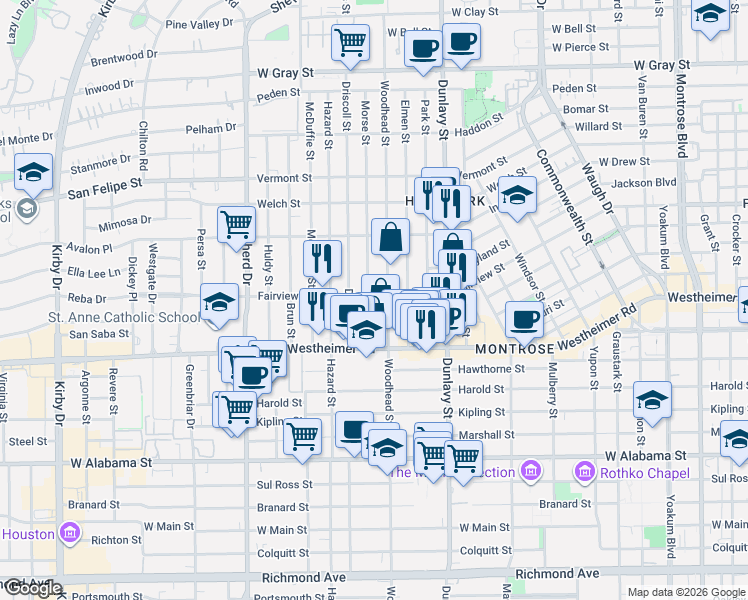 map of restaurants, bars, coffee shops, grocery stores, and more near 2315 Woodhead Street in Houston