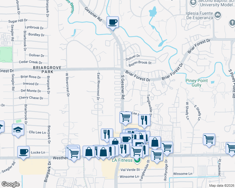 map of restaurants, bars, coffee shops, grocery stores, and more near 1720 South Gessner Road in Houston