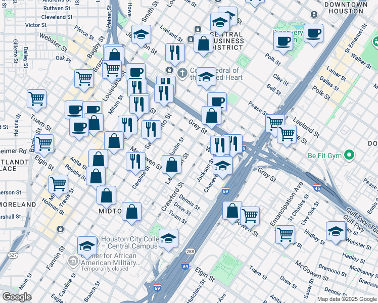 map of restaurants, bars, coffee shops, grocery stores, and more near in Houston