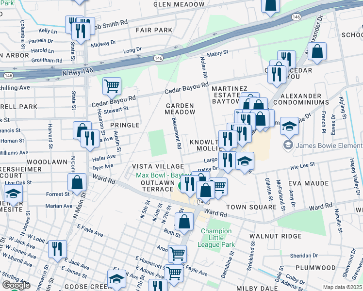 map of restaurants, bars, coffee shops, grocery stores, and more near 1512 Beaumont Road in Baytown