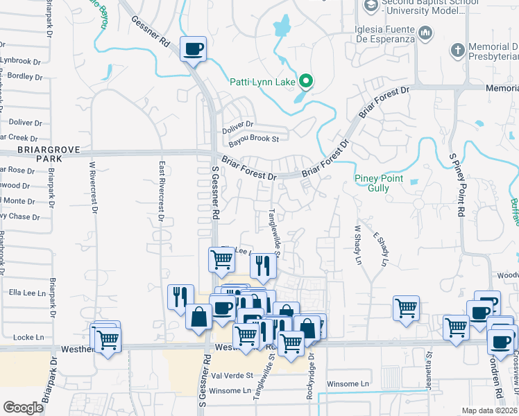 map of restaurants, bars, coffee shops, grocery stores, and more near 235 Tanglewilde Avenue in Houston