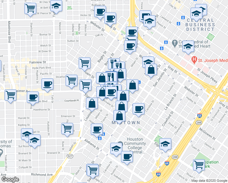 map of restaurants, bars, coffee shops, grocery stores, and more near 2810 Milam Street in Houston