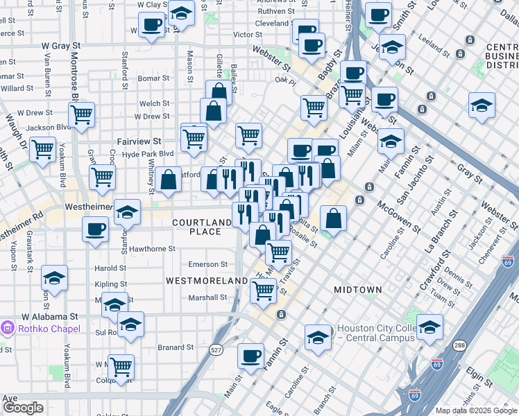 map of restaurants, bars, coffee shops, grocery stores, and more near 3007 Brazos Street in Houston