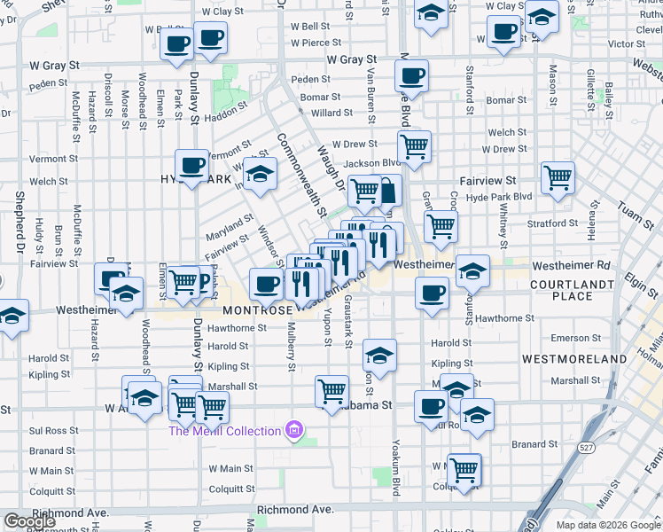 map of restaurants, bars, coffee shops, grocery stores, and more near 2622 Commonwealth Street in Houston