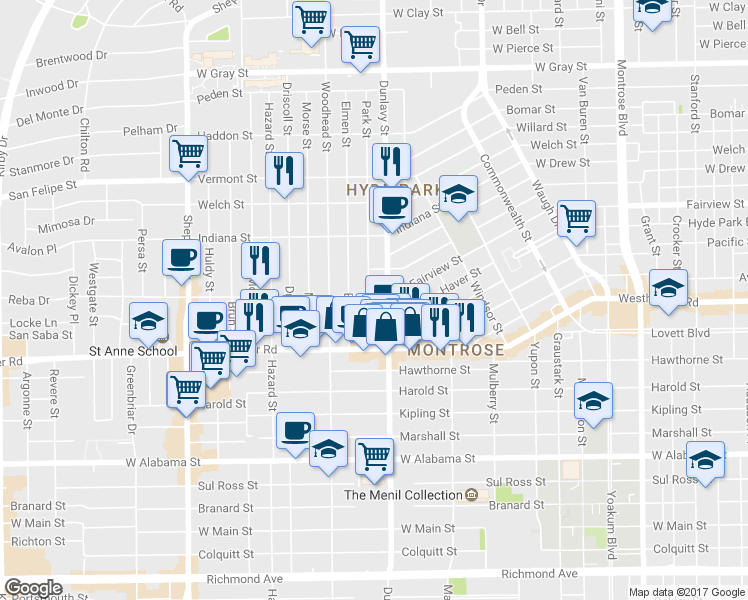 map of restaurants, bars, coffee shops, grocery stores, and more near 2332 Park Street in Houston
