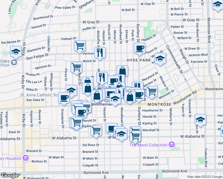 map of restaurants, bars, coffee shops, grocery stores, and more near 1940 Fairview Street in Houston