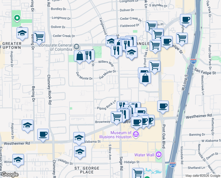 map of restaurants, bars, coffee shops, grocery stores, and more near in Houston