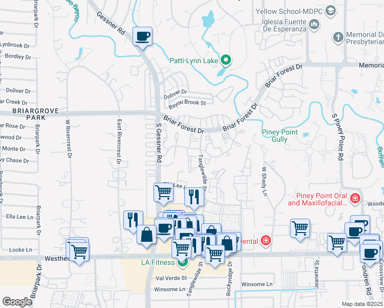 map of restaurants, bars, coffee shops, grocery stores, and more near 235 Tanglewilde Avenue in Houston
