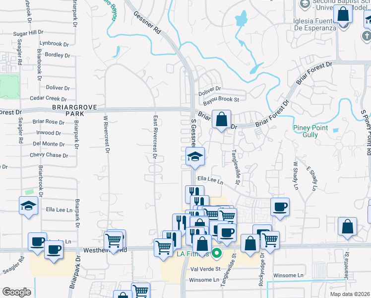 map of restaurants, bars, coffee shops, grocery stores, and more near 1720 South Gessner Road in Houston