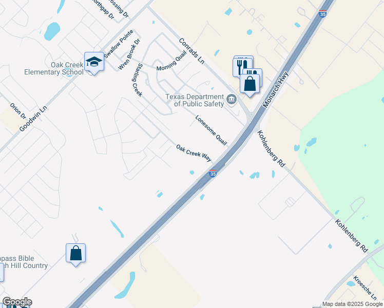 map of restaurants, bars, coffee shops, grocery stores, and more near Oak Creek Way in New Braunfels