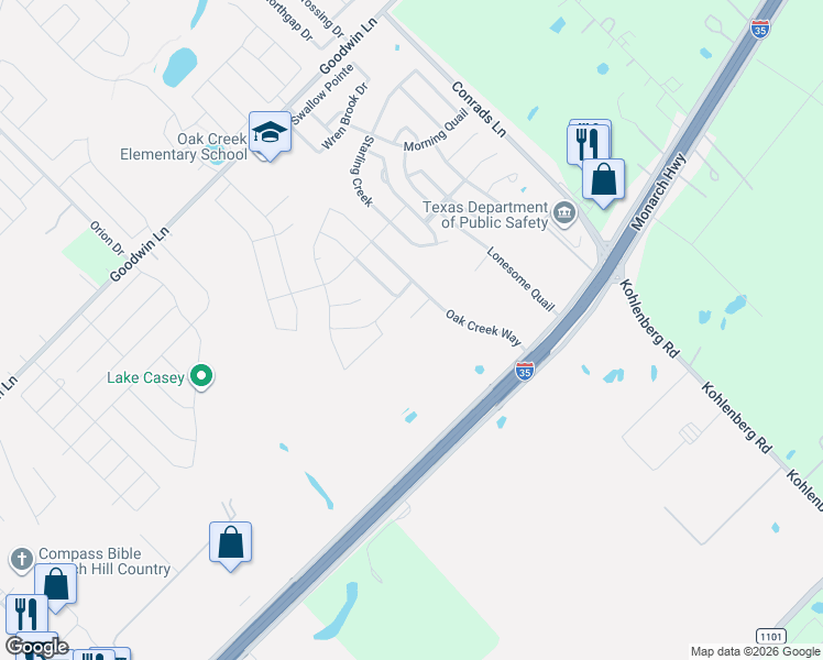 map of restaurants, bars, coffee shops, grocery stores, and more near 2922 Post Oak Circle in New Braunfels
