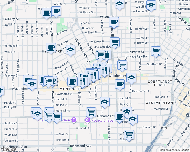 map of restaurants, bars, coffee shops, grocery stores, and more near 1501 California Street in Houston