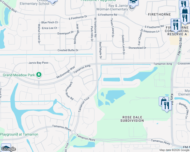 map of restaurants, bars, coffee shops, grocery stores, and more near 28702 Fitzroy Harbor in Katy