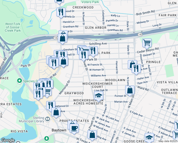 map of restaurants, bars, coffee shops, grocery stores, and more near 1510 North Pruett Street in Baytown
