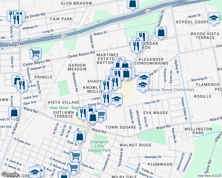 map of restaurants, bars, coffee shops, grocery stores, and more near 1221 Knowlton Road in Baytown