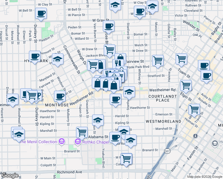 map of restaurants, bars, coffee shops, grocery stores, and more near Westheimer Road in Houston