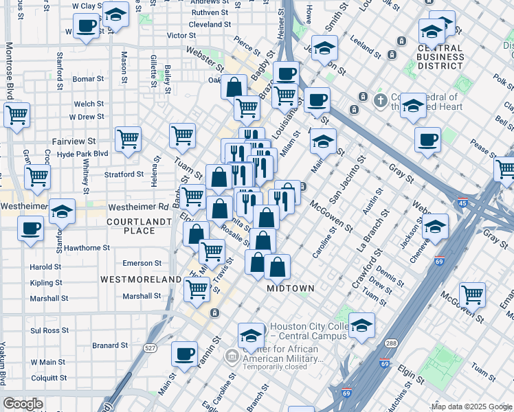 map of restaurants, bars, coffee shops, grocery stores, and more near 2700 Travis Street in Houston