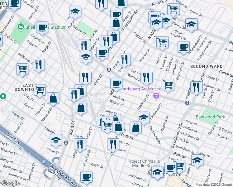 map of restaurants, bars, coffee shops, grocery stores, and more near 700 Saint Joseph Street in Houston
