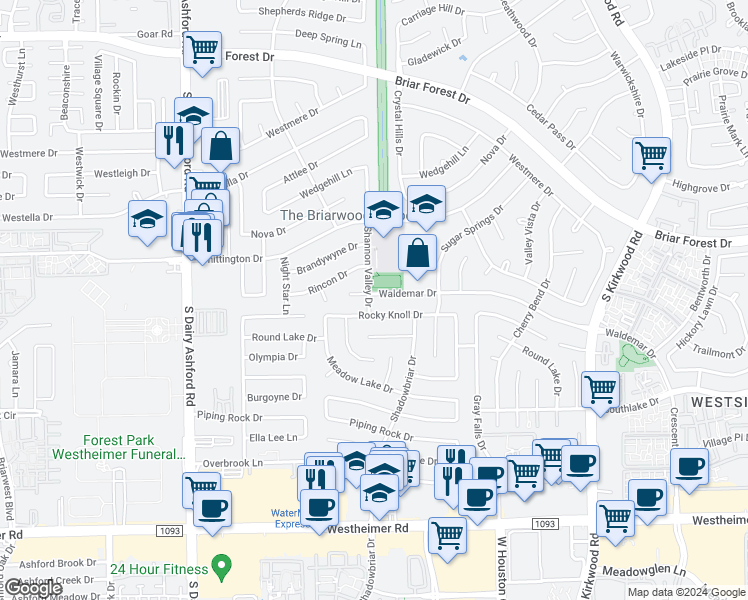 map of restaurants, bars, coffee shops, grocery stores, and more near 12247 Waldemar Drive in Houston