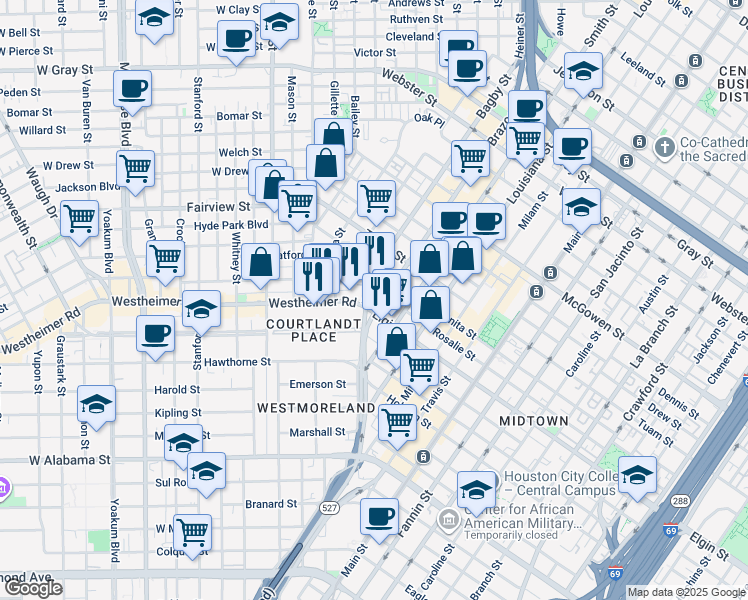 map of restaurants, bars, coffee shops, grocery stores, and more near 106 Westheimer Road in Houston