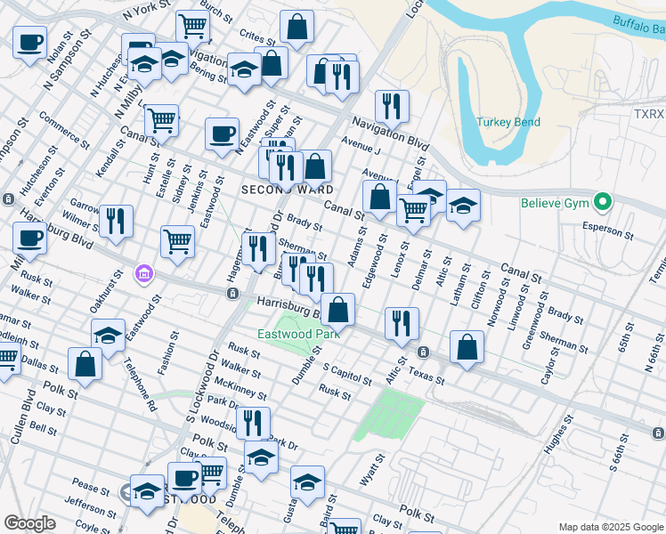 map of restaurants, bars, coffee shops, grocery stores, and more near 202 Bryan Street in Houston