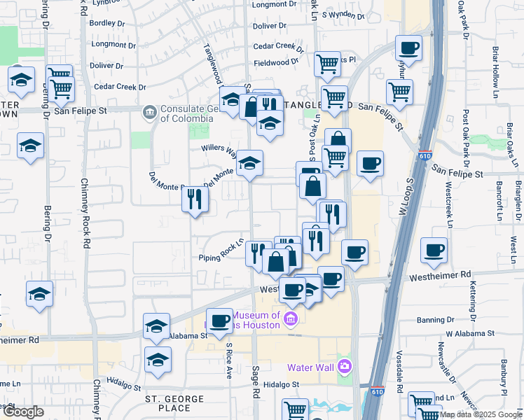 map of restaurants, bars, coffee shops, grocery stores, and more near 2121 Sage Road in Houston