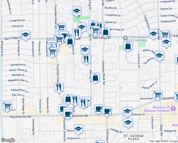 map of restaurants, bars, coffee shops, grocery stores, and more near 2001 Bering Drive in Houston