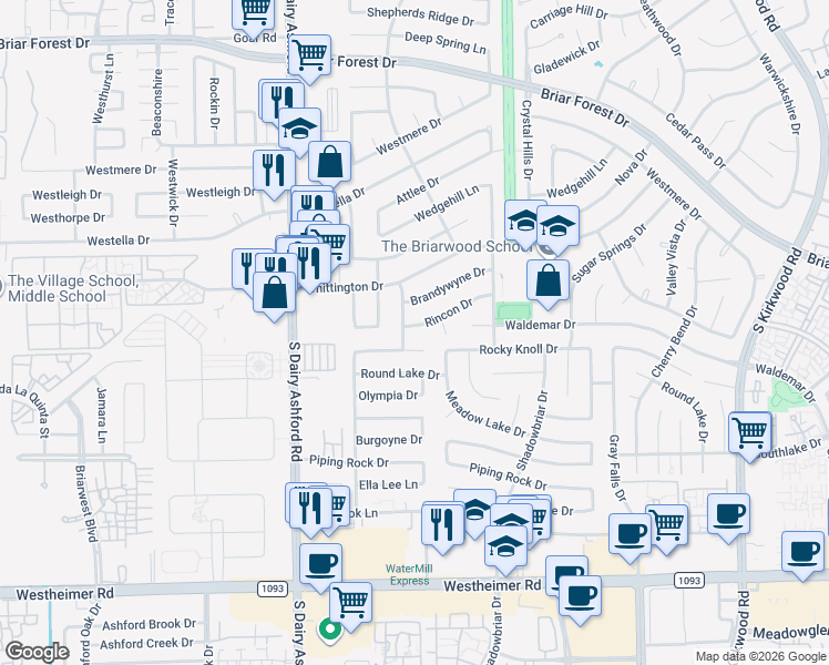 map of restaurants, bars, coffee shops, grocery stores, and more near 12414 Rincon Drive in Houston
