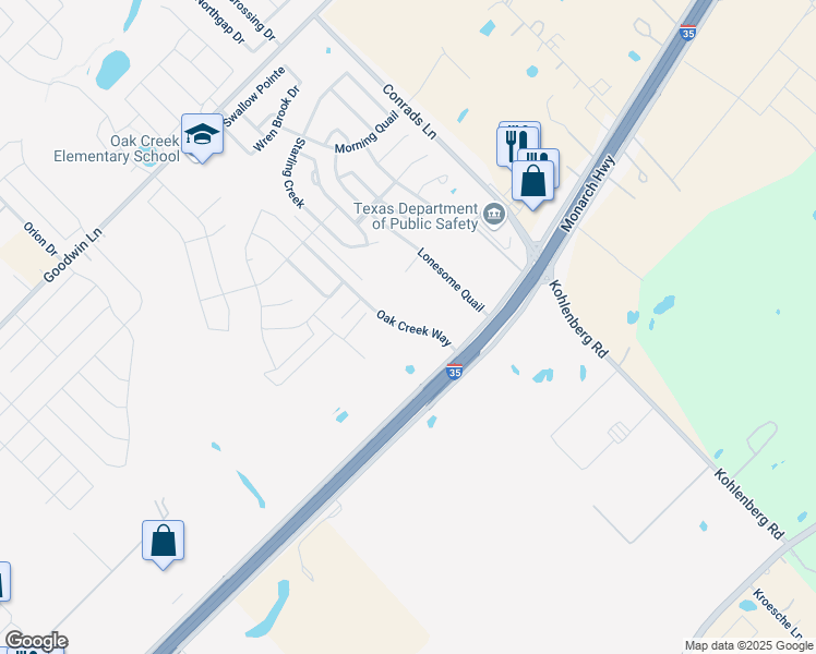 map of restaurants, bars, coffee shops, grocery stores, and more near Oak Creek Way in New Braunfels