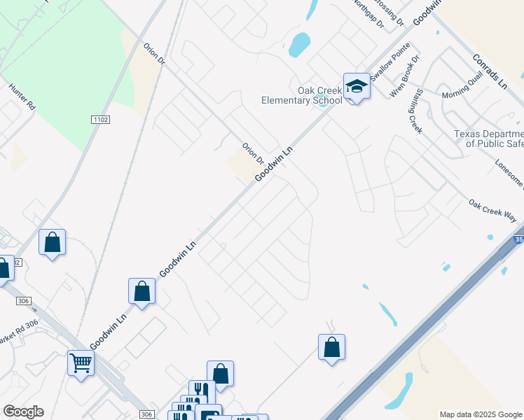 map of restaurants, bars, coffee shops, grocery stores, and more near 2867 Goodwin Lane in New Braunfels