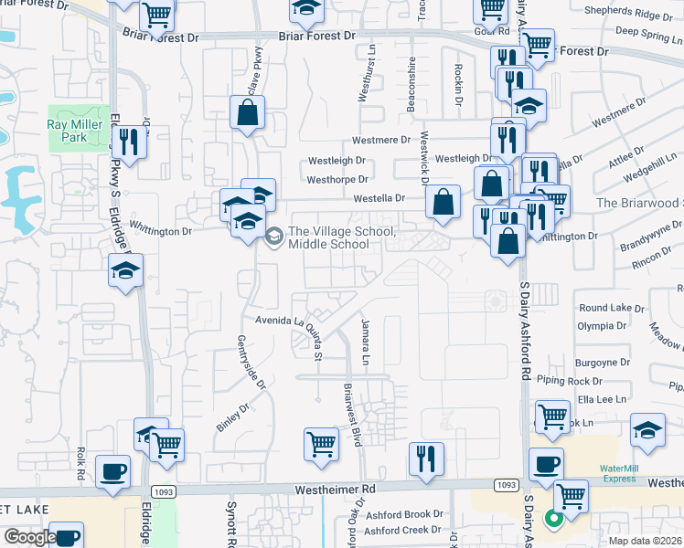 map of restaurants, bars, coffee shops, grocery stores, and more near 1910 Westmead Drive in Houston