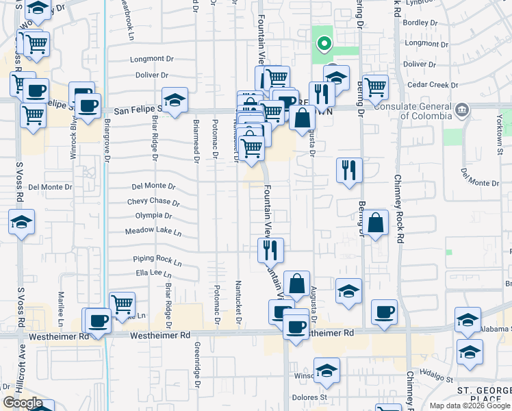 map of restaurants, bars, coffee shops, grocery stores, and more near 2313 Fountain View Drive in Houston