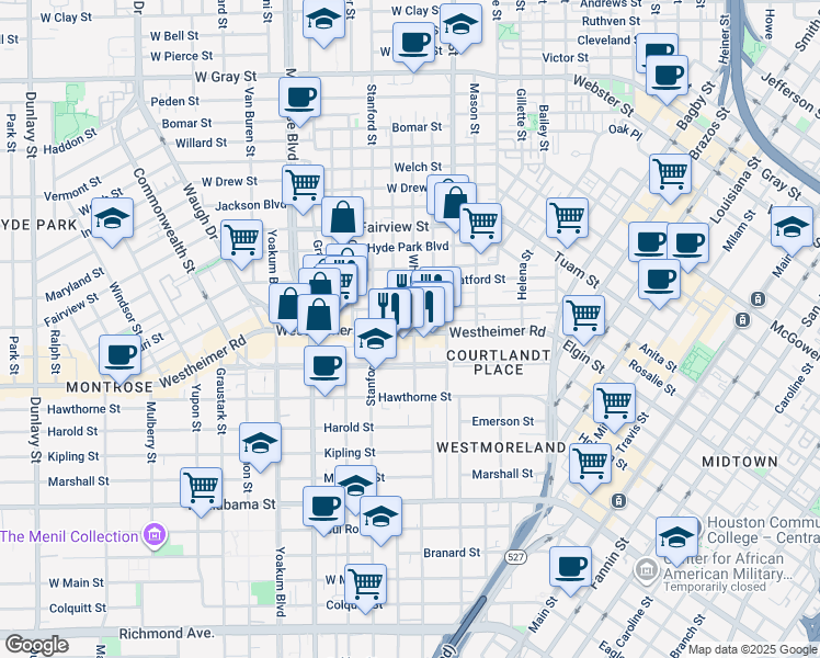 map of restaurants, bars, coffee shops, grocery stores, and more near 600 Avondale Street in Houston