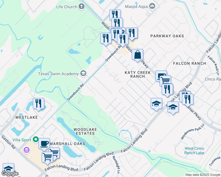 map of restaurants, bars, coffee shops, grocery stores, and more near 25314 Cherry Ranch Drive in Katy