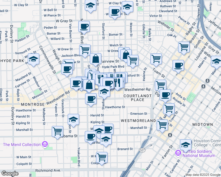 map of restaurants, bars, coffee shops, grocery stores, and more near 600 Avondale Street in Houston