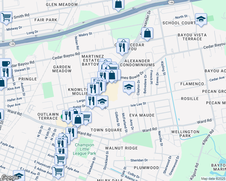 map of restaurants, bars, coffee shops, grocery stores, and more near 2108 North Alexander Drive in Baytown