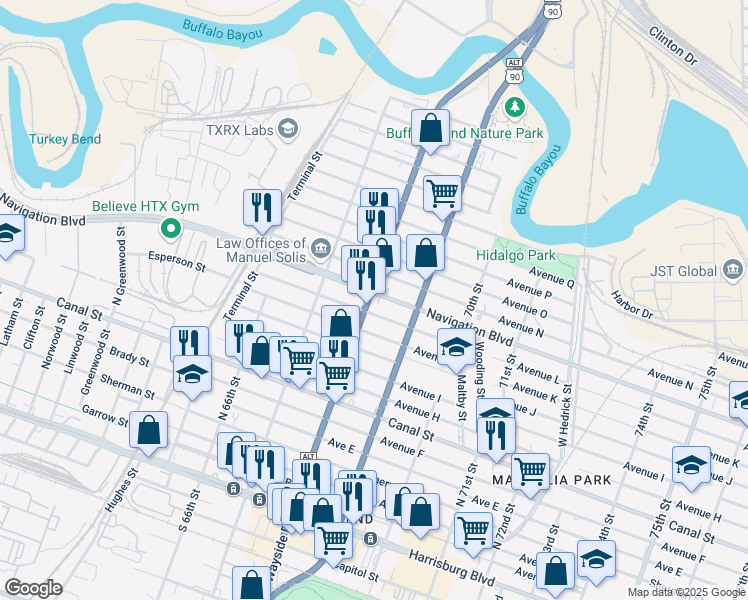 map of restaurants, bars, coffee shops, grocery stores, and more near 6802 Navigation Boulevard in Houston