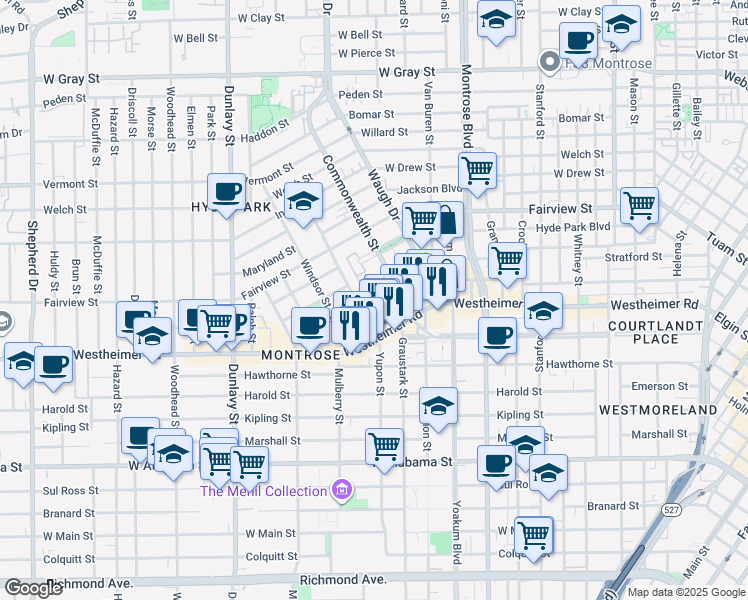 map of restaurants, bars, coffee shops, grocery stores, and more near 1504 California Street in Houston