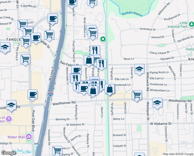 map of restaurants, bars, coffee shops, grocery stores, and more near in Houston