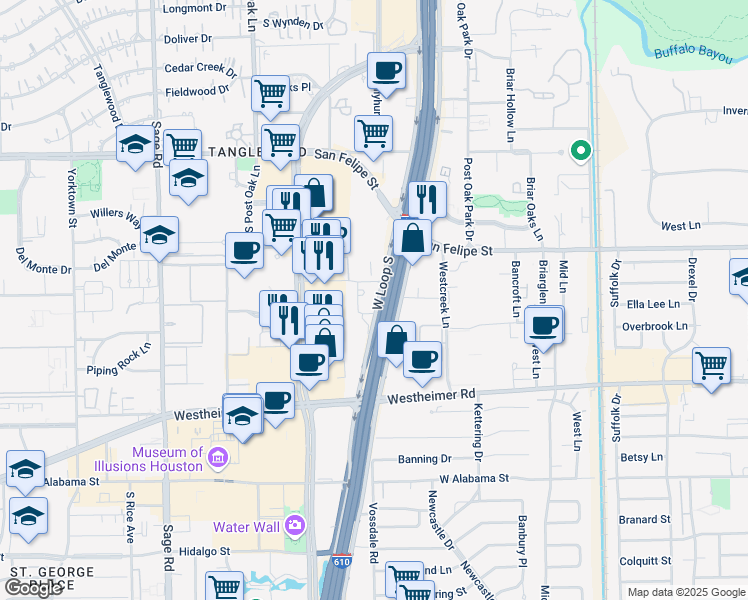 map of restaurants, bars, coffee shops, grocery stores, and more near 2200 West Loop South Freeway in Houston
