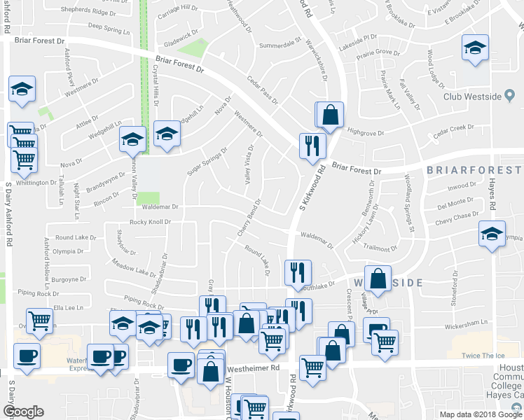map of restaurants, bars, coffee shops, grocery stores, and more near 1906 Eagle Falls Street in Houston