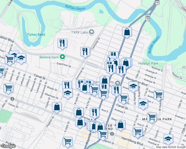 map of restaurants, bars, coffee shops, grocery stores, and more near 1115 North 67th Street in Houston