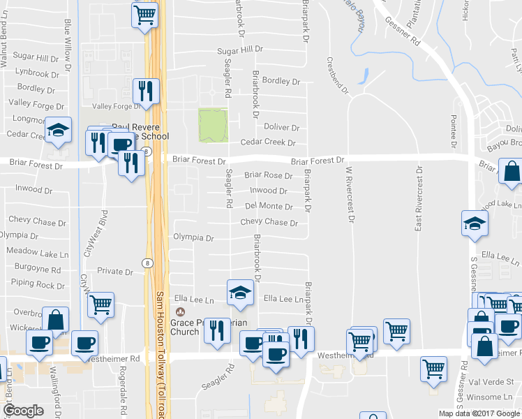 map of restaurants, bars, coffee shops, grocery stores, and more near 10047 Del Monte Drive in Houston