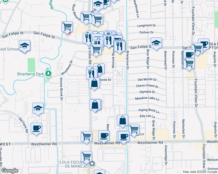 map of restaurants, bars, coffee shops, grocery stores, and more near 2100 Winrock Boulevard in Houston