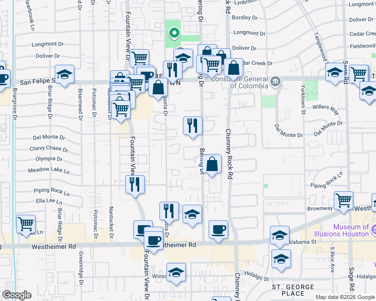 map of restaurants, bars, coffee shops, grocery stores, and more near 2100 Bering Drive in Houston
