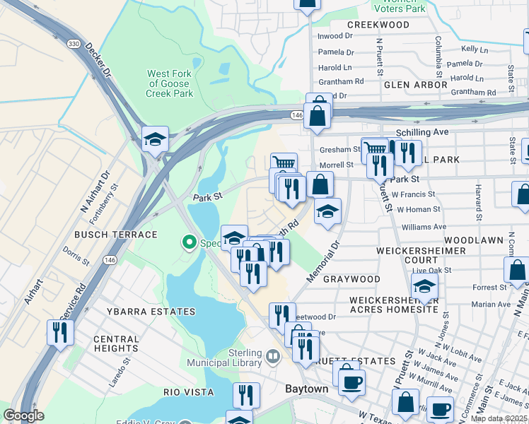 map of restaurants, bars, coffee shops, grocery stores, and more near 1601 Garth Road in Baytown